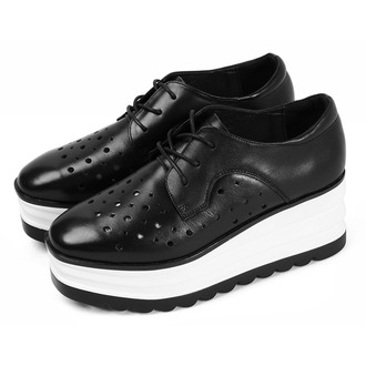 春季新款真皮坡跟单鞋高跟女士皮鞋防水台厚底松糕休闲鞋英伦系带深口女鞋W20147