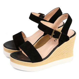 夏季新款舒适厚底坡跟凉鞋女磨砂羊绒皮高跟松糕鞋圆头露趾百搭一字扣带防水台时尚女鞋W30117