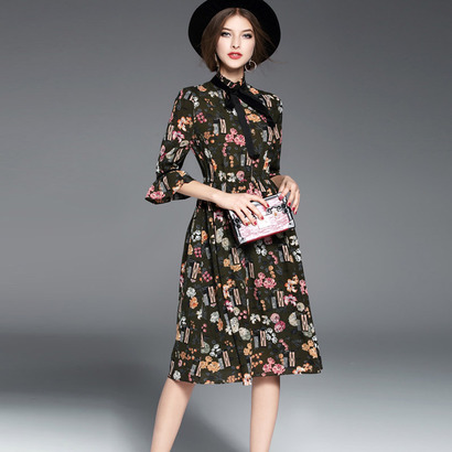 春秋新款女韩版时尚显瘦春款长袖小碎花裙子夏雪纺连衣裙