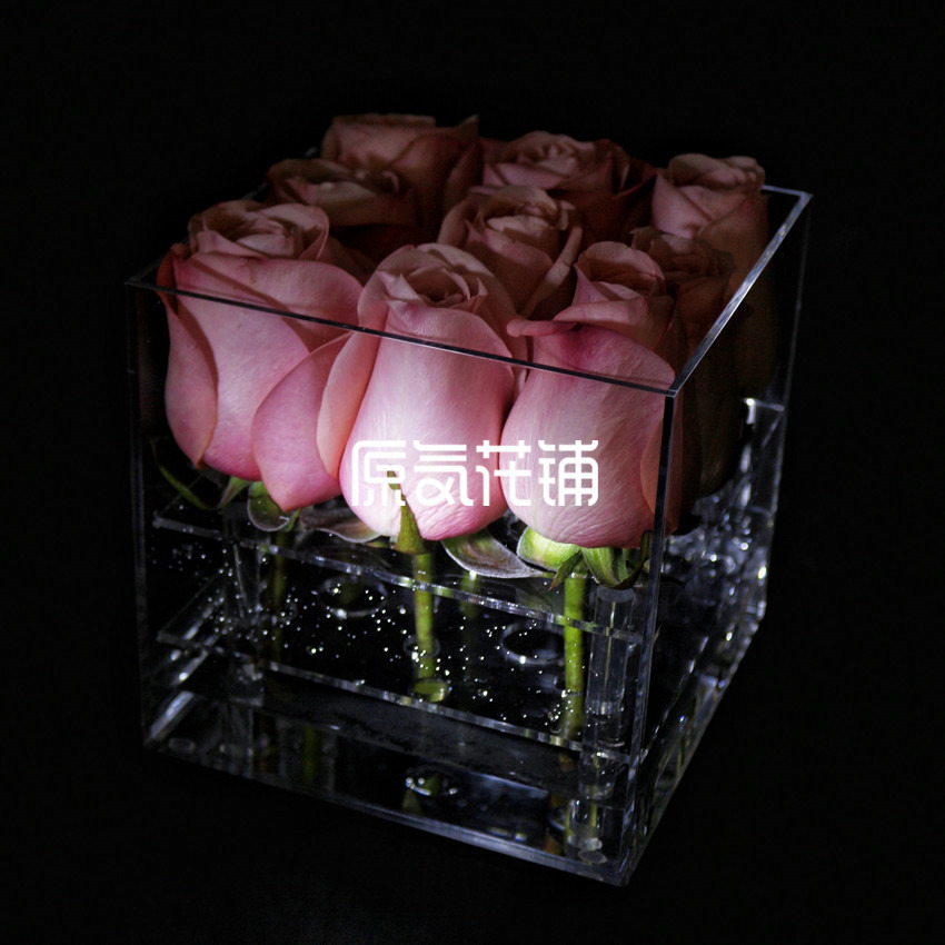 原气花铺-花店-上海-北京透明——进口粉色香槟玫瑰水晶花盒-2