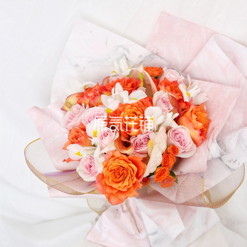 原气花铺-花店-上海-北京甜橙--橙白双色混合花束-4