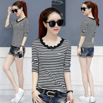 条纹T恤秋装新款长袖修身百搭T恤打底衫女体恤