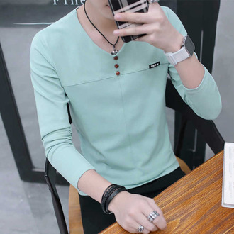 款男士长袖T恤V领打底衫95棉秋衣服韩版青少年男生体恤