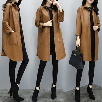 风衣女春秋秋季新款韩版中长款宽松大码pu皮百搭休闲皮衣外套女装