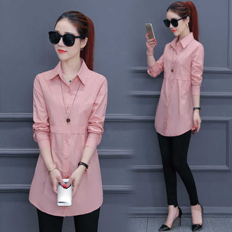 【高含棉】中长款衬衫女长袖秋装新款韩版宽松秋季打底上衣