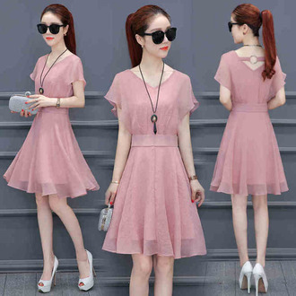 连衣裙女夏新款韩版收腰显瘦a字裙淑女气质V领中长款雪纺裙子