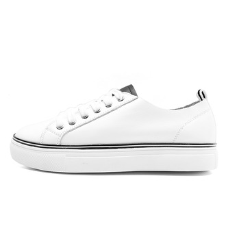 千禧步步高 女鞋 牛皮平底女单鞋圆头低跟系带小白鞋运动休闲板鞋 W40196