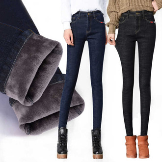 冬季新款高腰加绒加厚牛仔裤弹力女裤子修身保暖小脚裤