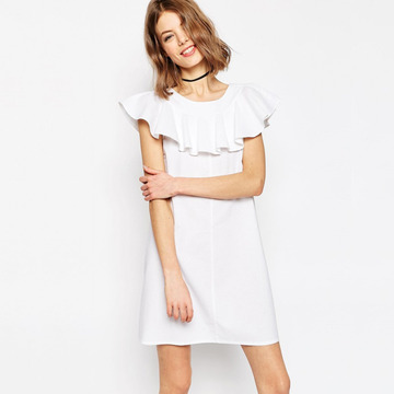 2018春夏新款女装 GAVIN短袖V领胸前蕾丝装饰连衣裙