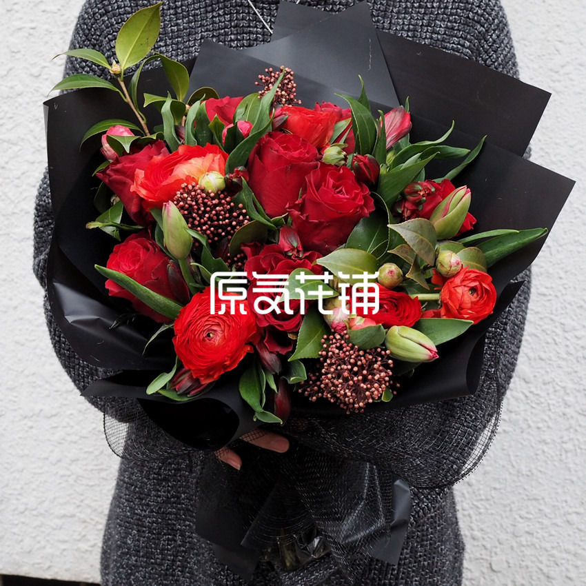 原气花铺-花店-上海-北京黑凤梨（喜欢你）--红色混合花束-3