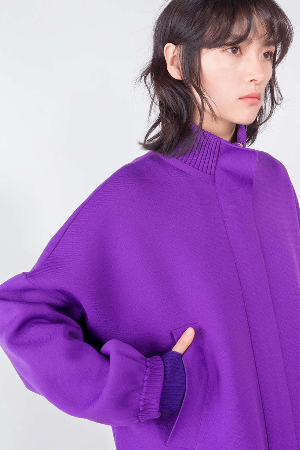 紫色半高领长外套-2