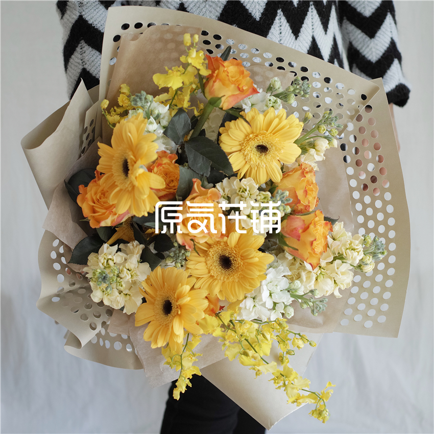 原气花铺-花店-上海-北京Sunshine--黄金海岸玫瑰紫罗兰花束-1