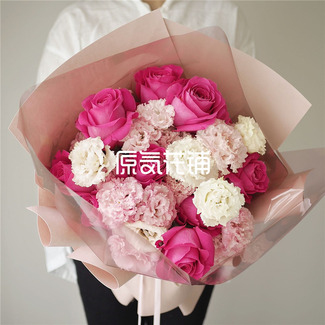 草莓慕斯--进口厄瓜多尔玫瑰无蕾龙胆花束