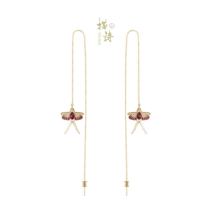 预售-沙燕轻鸢-红宝石镂空珐琅耳线