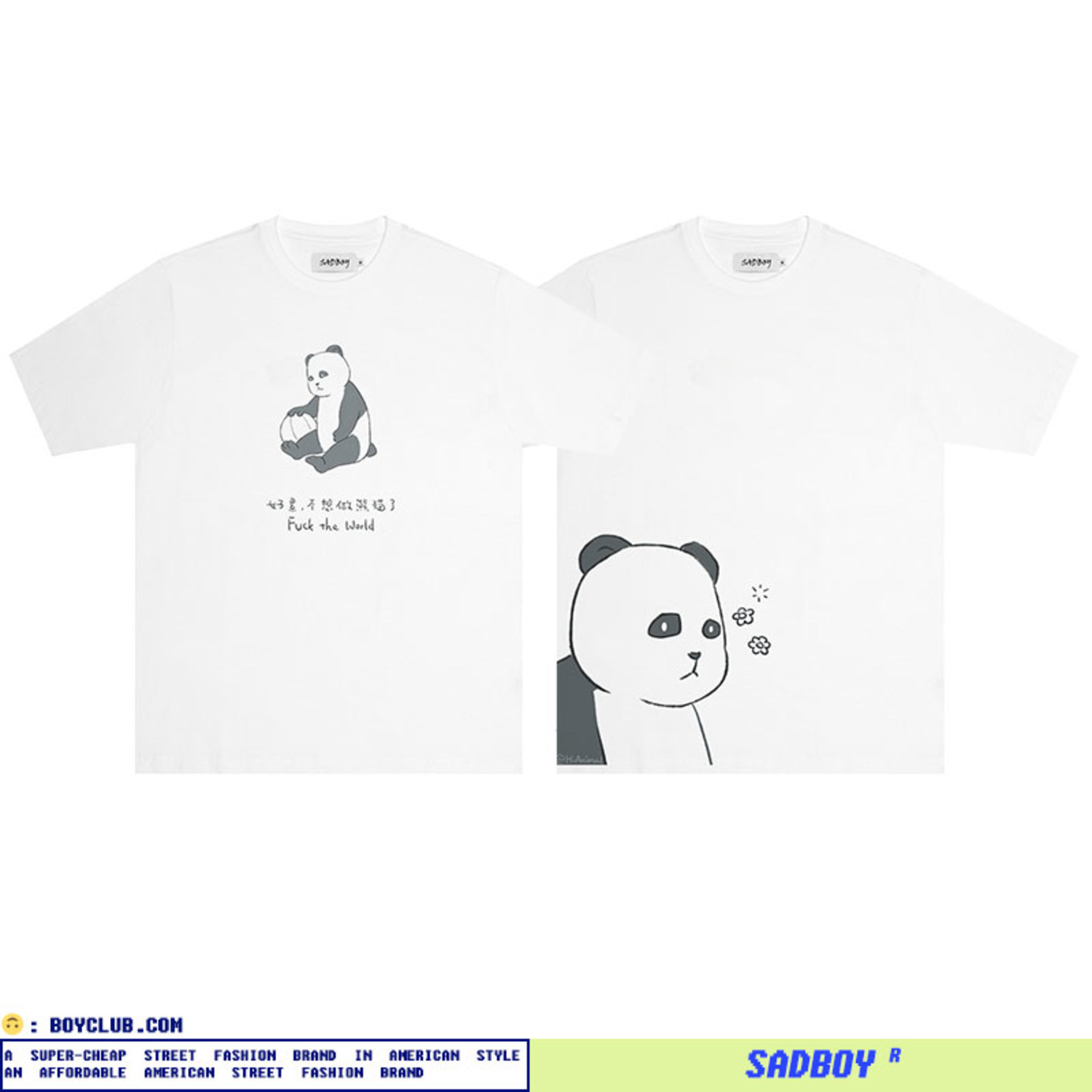 SadBoy2020新款颓废的熊猫系列印花白色宽松男女情侣短袖纯棉 T恤-4
