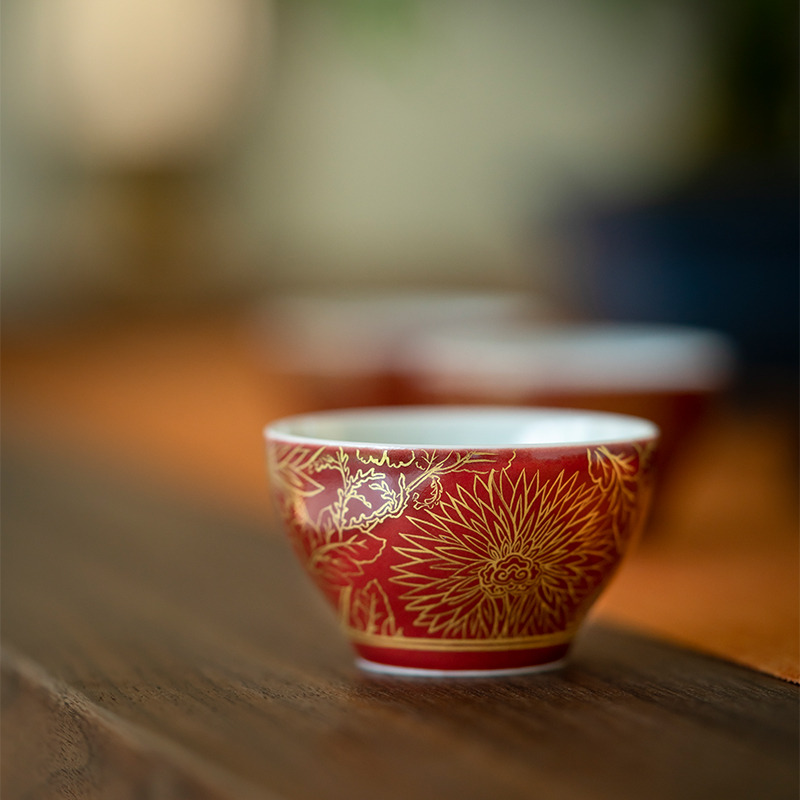 枣红釉描金繁花石瓢壶茶器套装