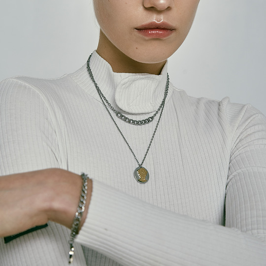 金银拼色外星人吊坠双层钛钢项链