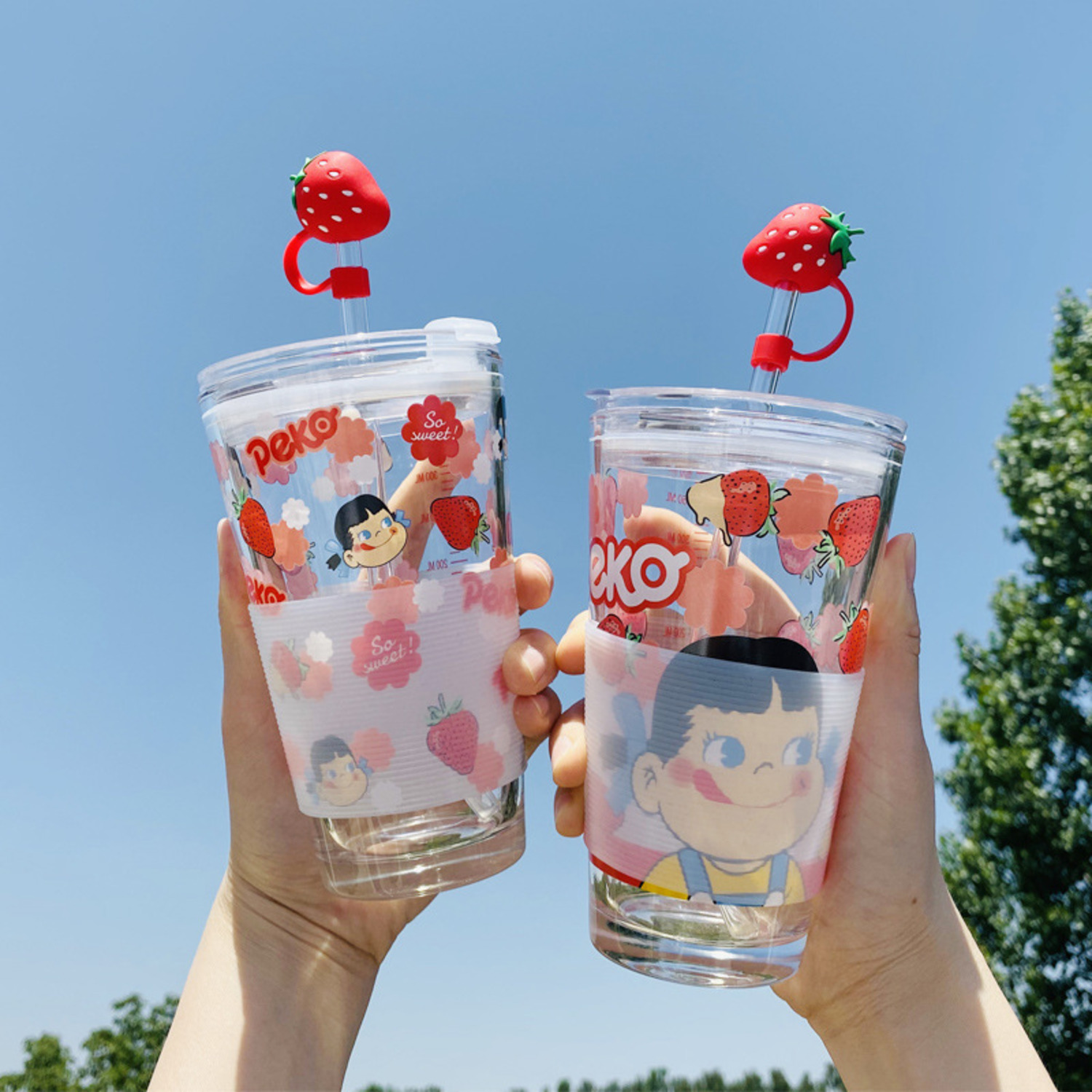 可爱草莓玻璃水杯学生ins日系卡通吸管刻度杯创意少女心粉红杯子--3