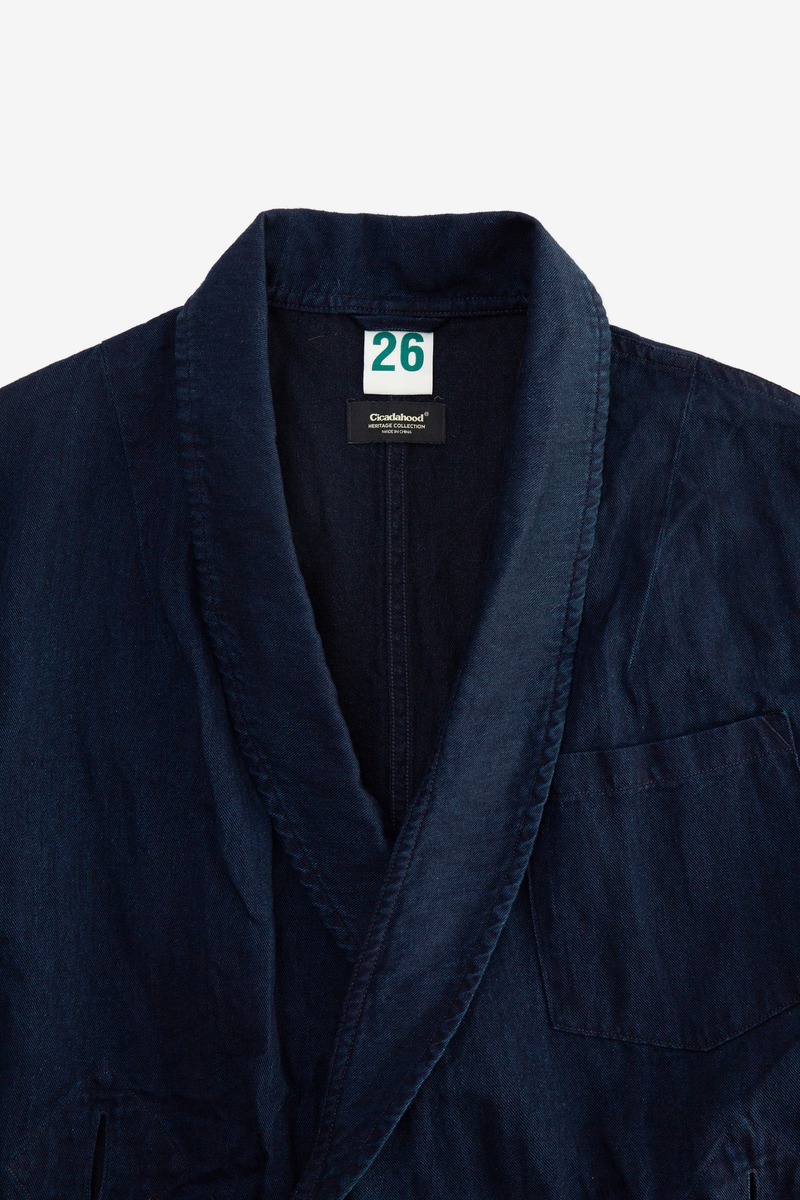 Indigo dyed cotton metal silk fabric British shawl collar coat, unisex-3