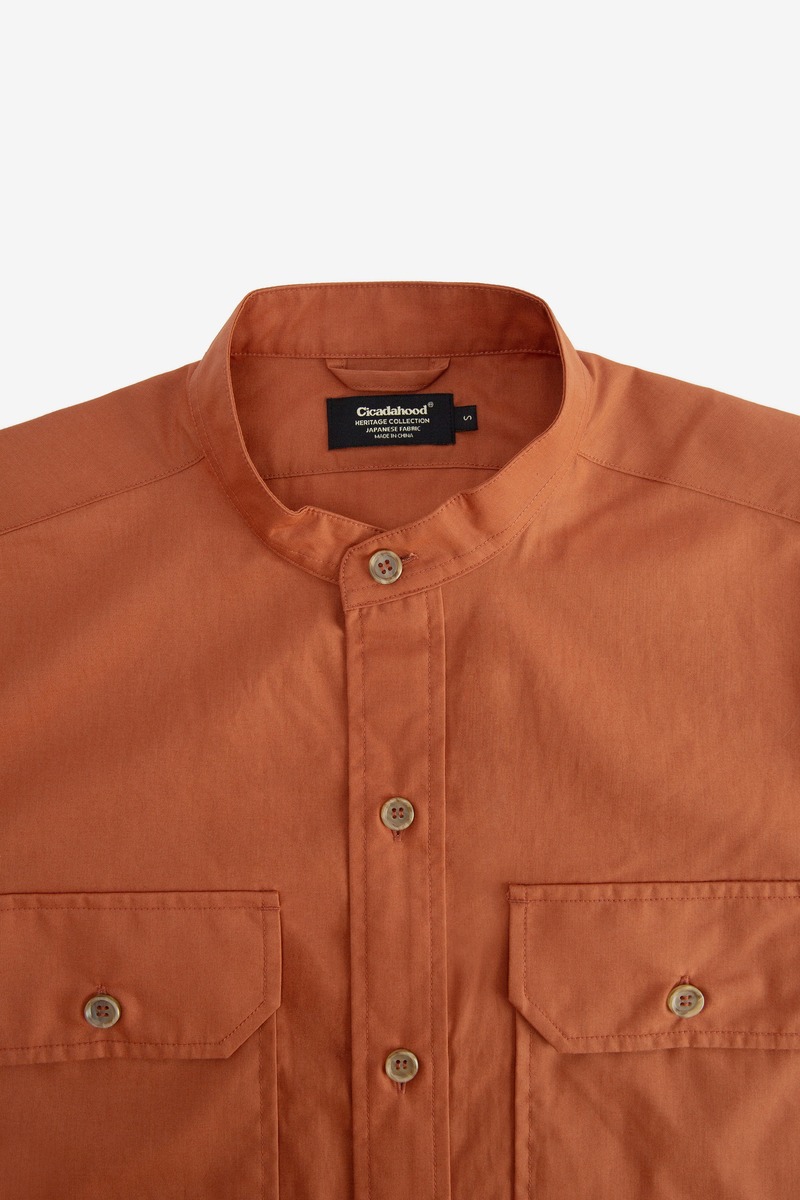 Japanese lyocell cotton Greek Army Stand Collar Shirt(orange-red_-3