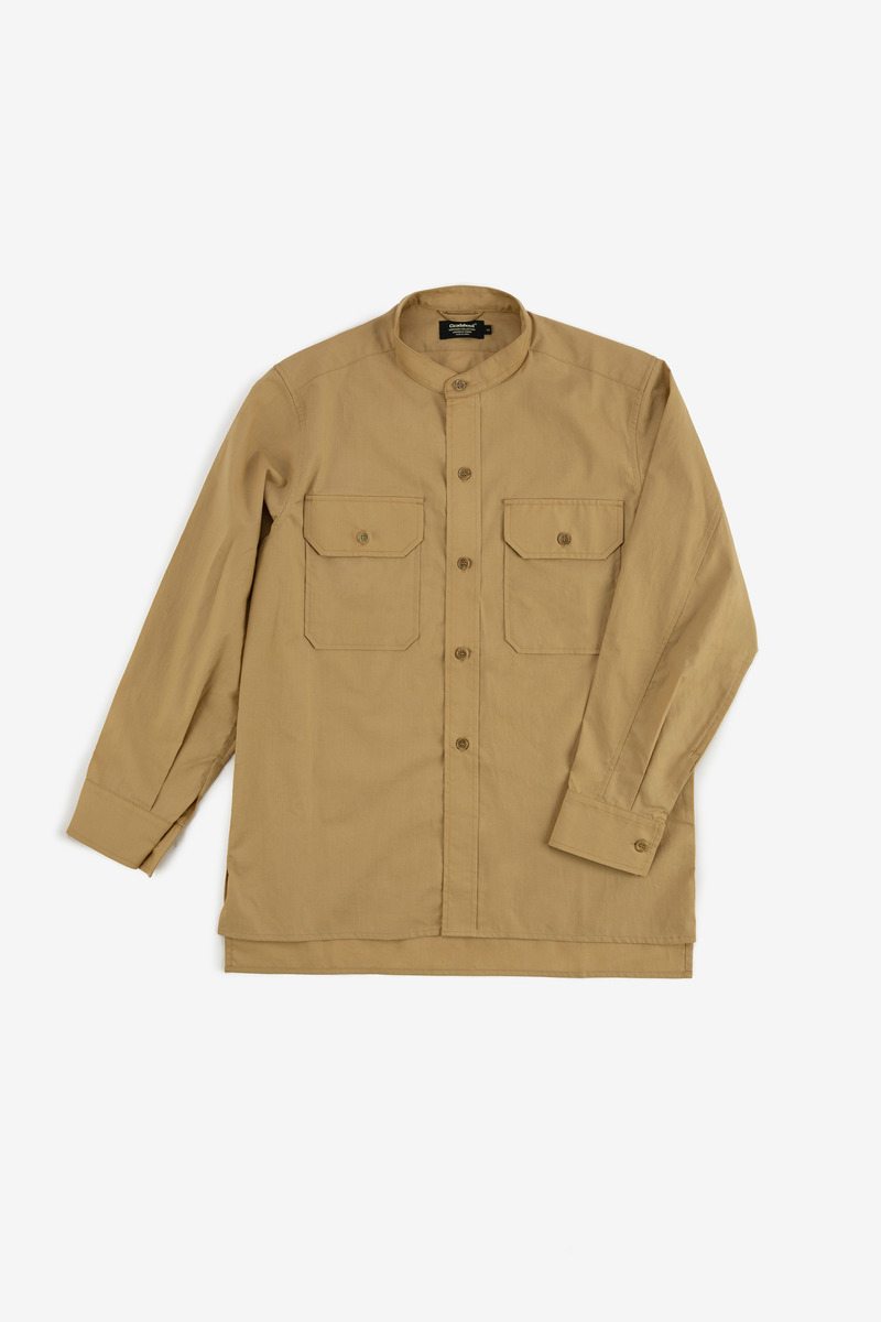 Japanese lyocell cotton Greek Army Stand Collar Shirt(khaki)-2