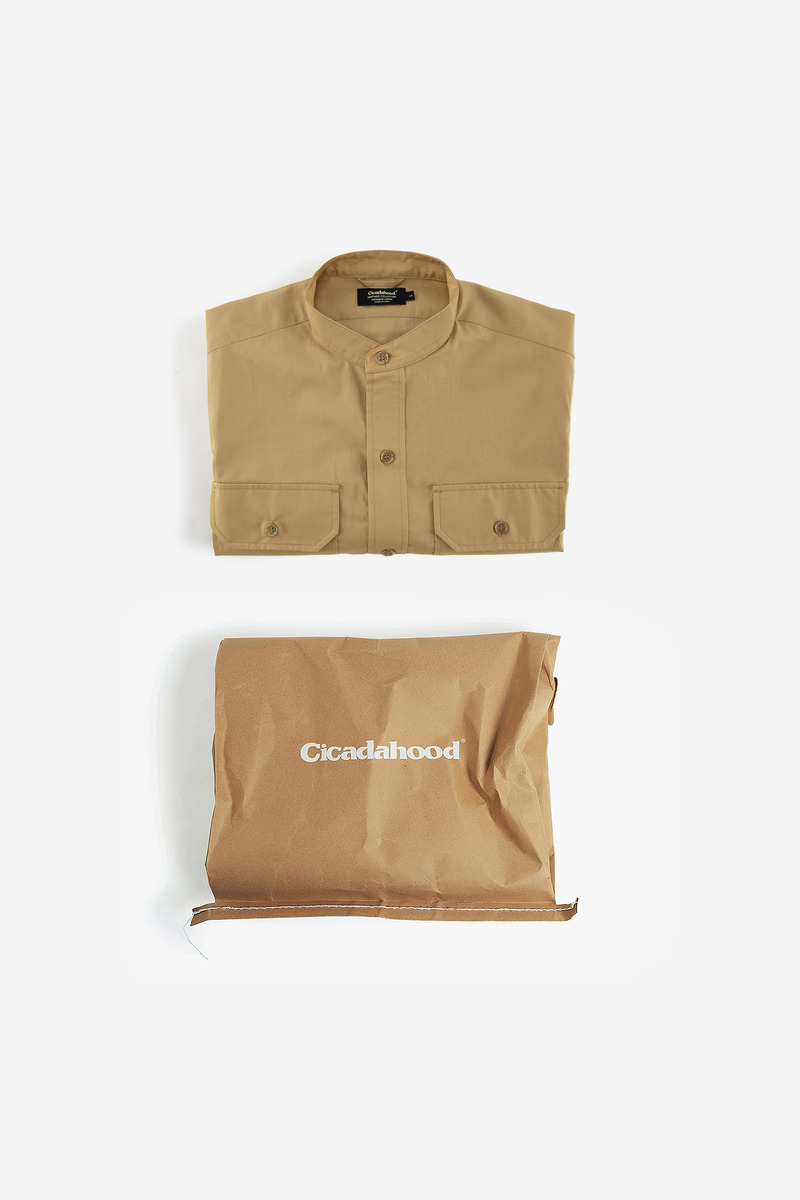 Japanese lyocell cotton Greek Army Stand Collar Shirt(khaki)-3