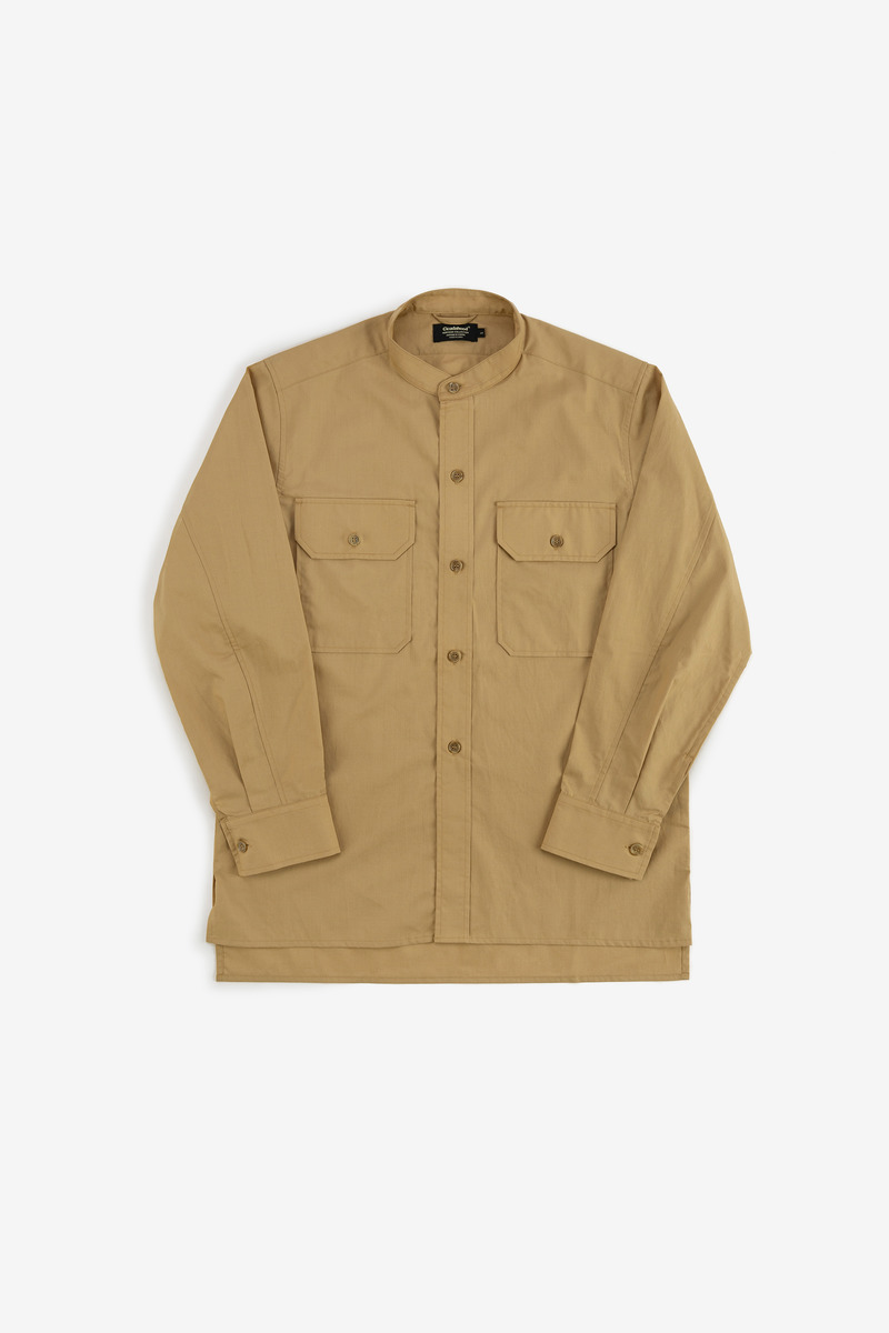 Japanese lyocell cotton Greek Army Stand Collar Shirt(khaki)-5