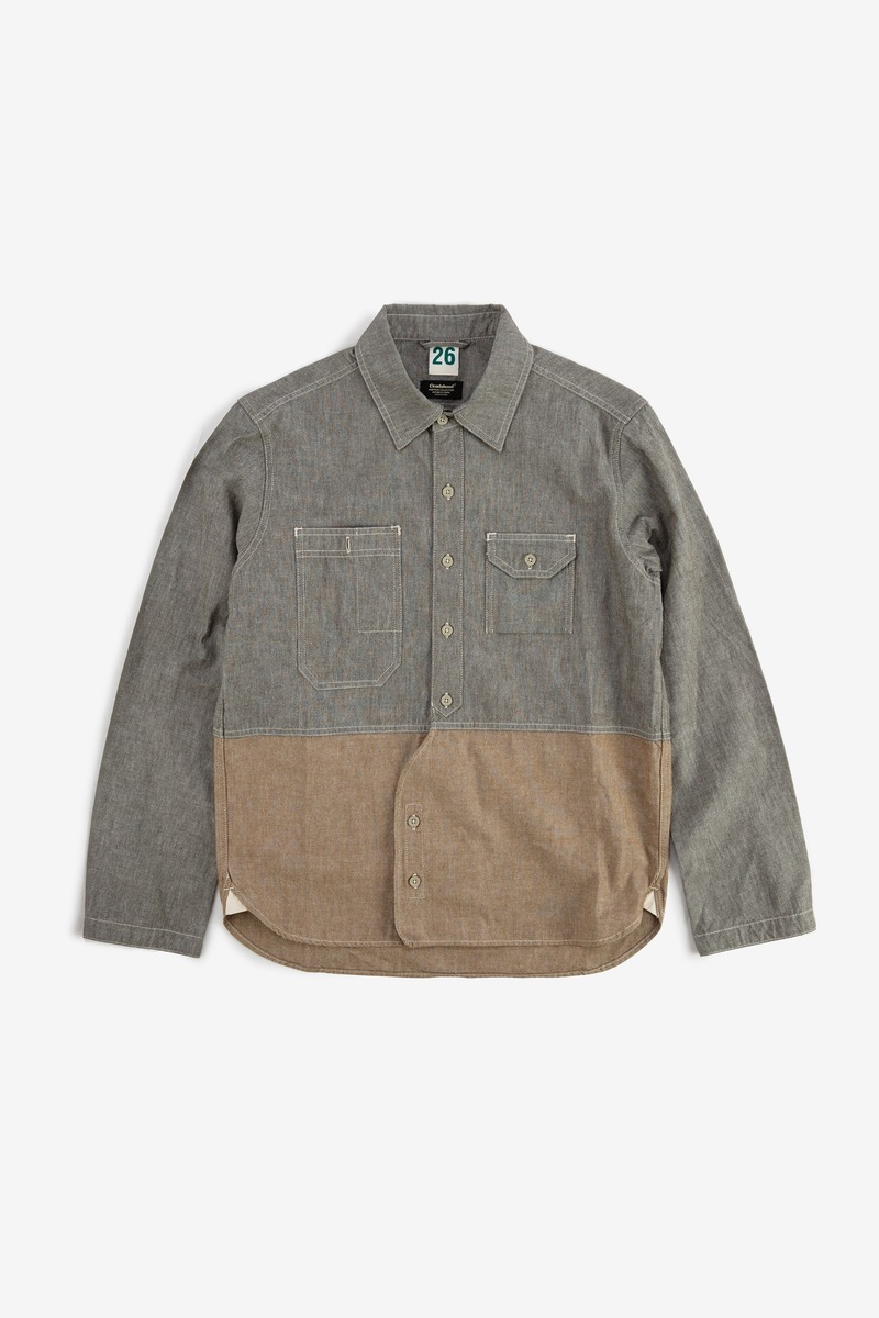 Japanese oxford British patchwork shirt,unisex(grey)