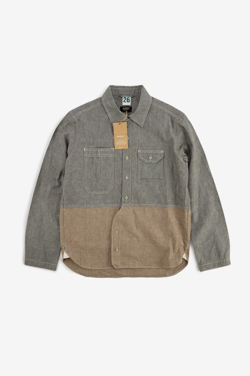 Japanese oxford British patchwork shirt,unisex(grey)-2