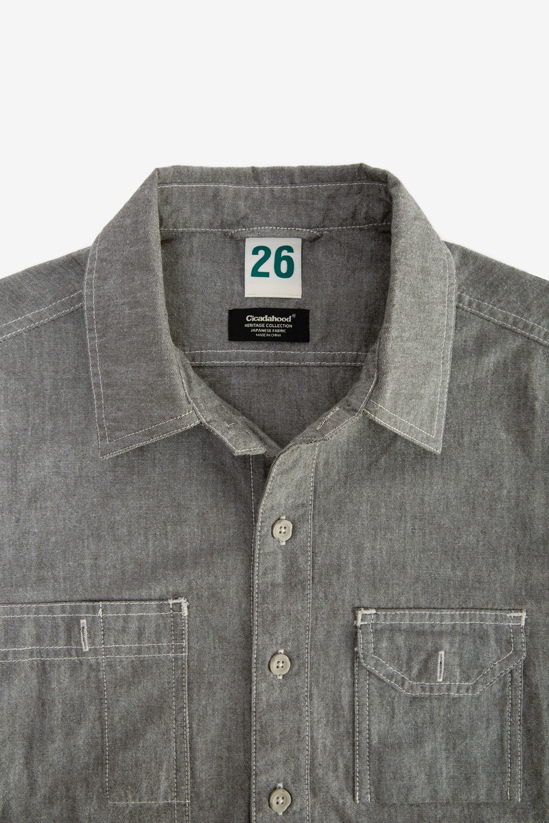 Japanese oxford British patchwork shirt,unisex(grey)-3