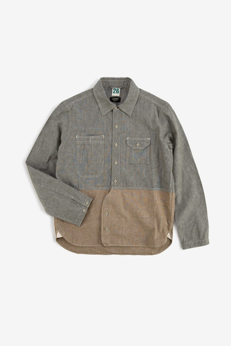 Japanese oxford British patchwork shirt,unisex(grey)-5