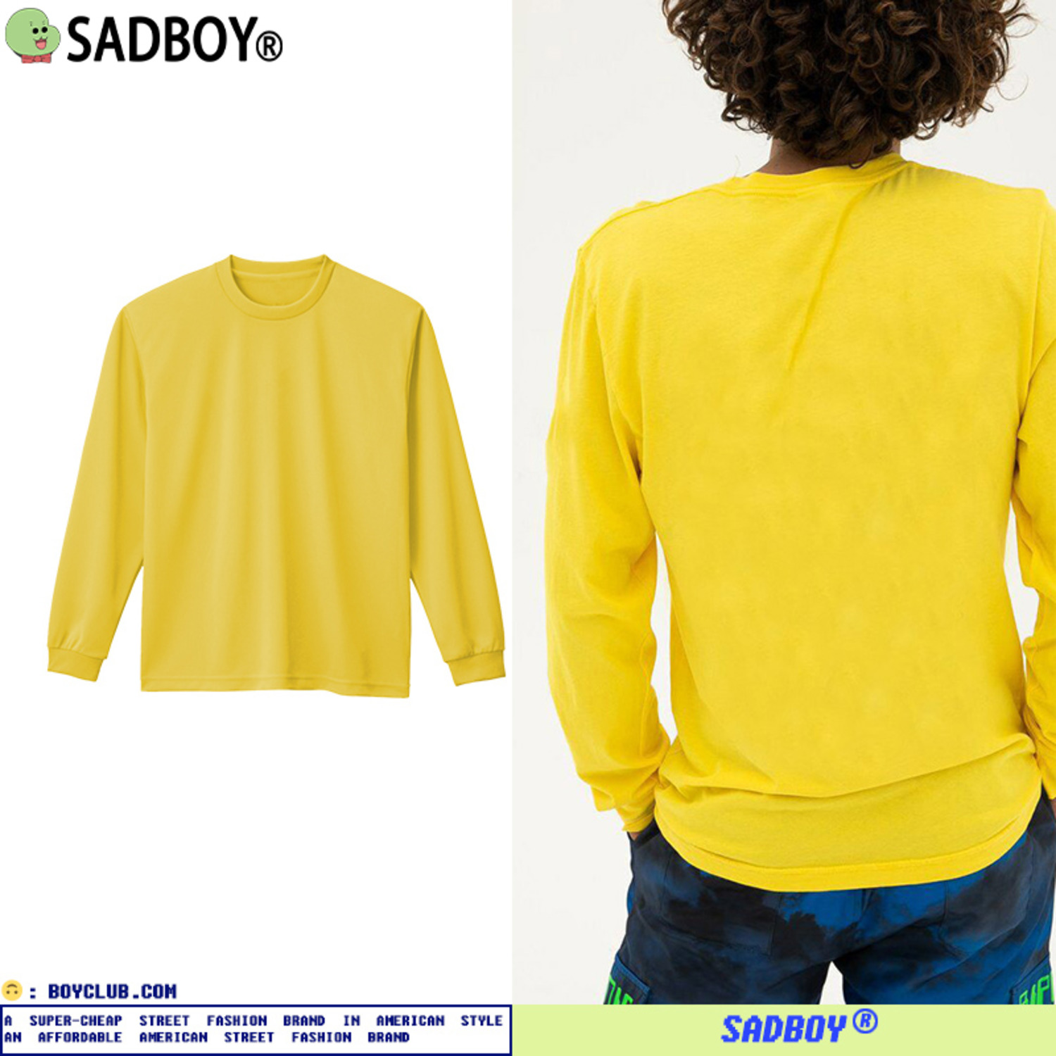 SadBoy2021新款潮青春黄色百搭纯色网眼运动圆领男女透气 长袖T恤