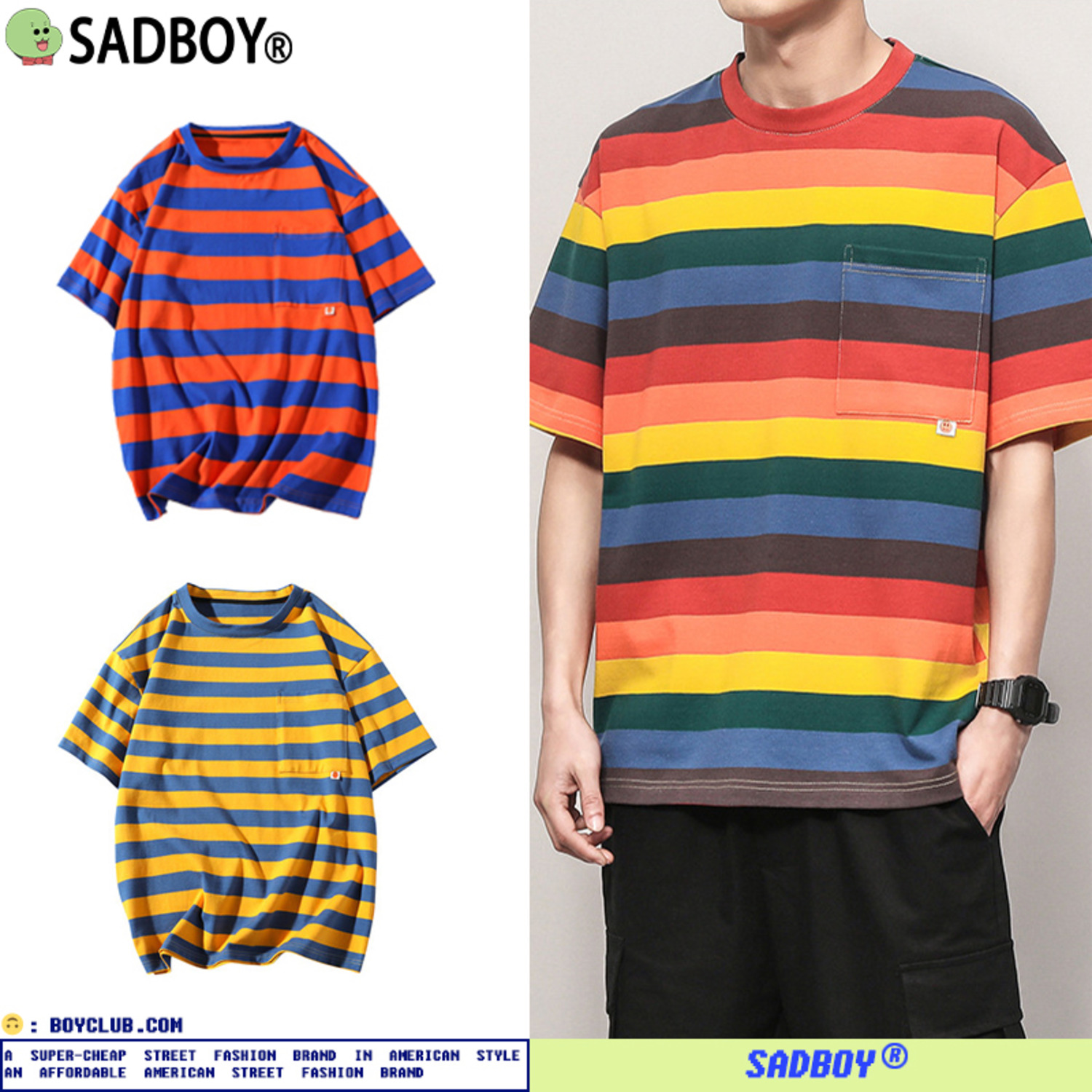 SadBoy2021新款条纹五分袖彩虹男女百搭口袋情侣装体恤衫T恤
