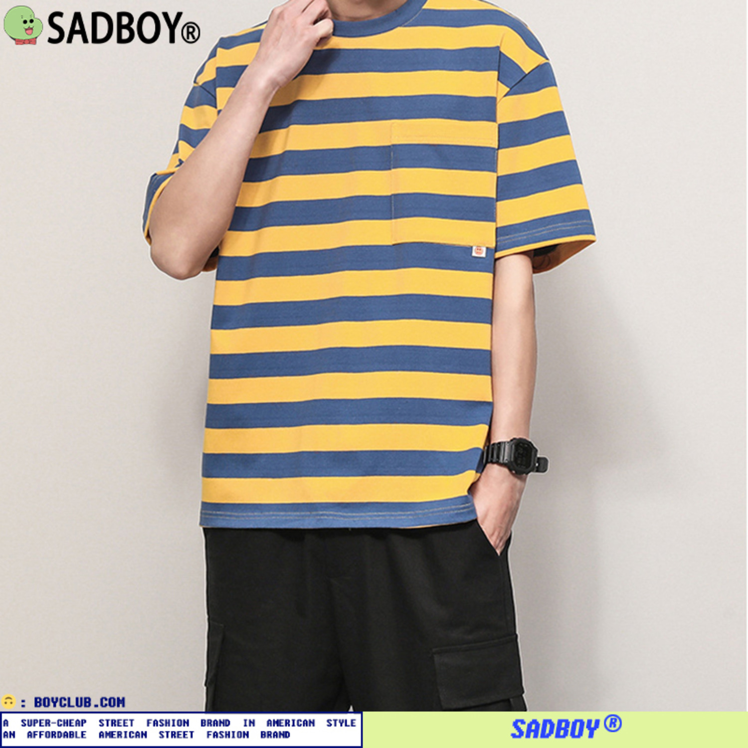 SadBoy2021新款条纹五分袖彩虹男女百搭口袋情侣装体恤衫T恤-3