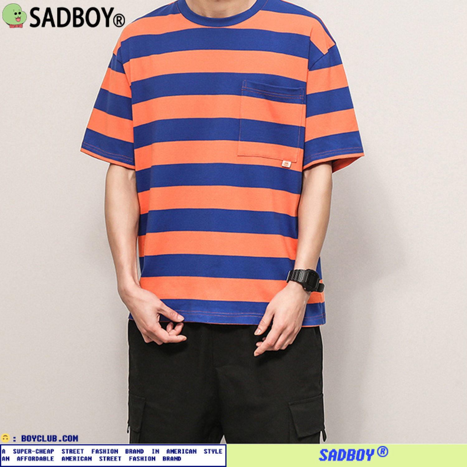 SadBoy2021新款条纹五分袖彩虹男女百搭口袋情侣装体恤衫T恤-4