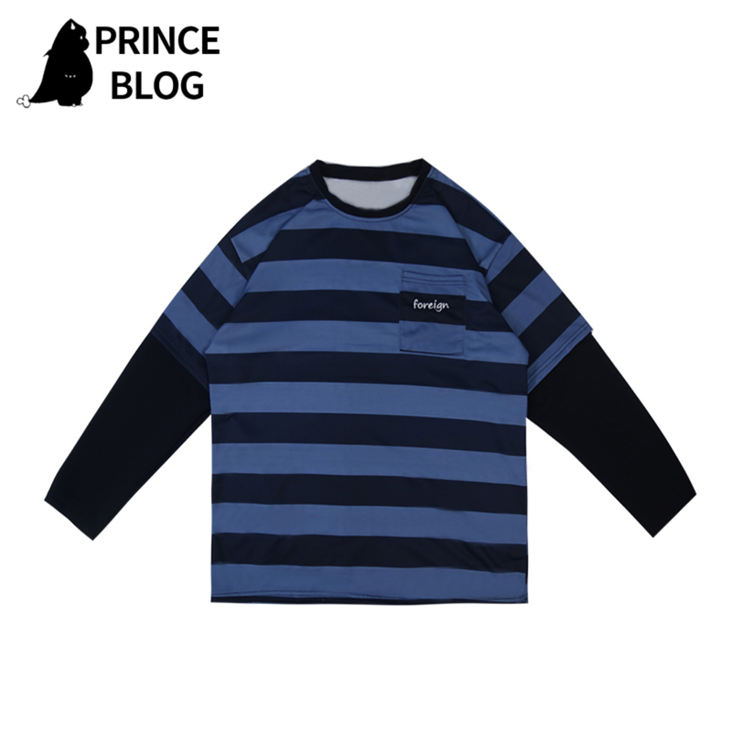 PrinceBlog假两件卫衣男潮流宽松版圆领韩版条纹长袖外套休闲上衣-3