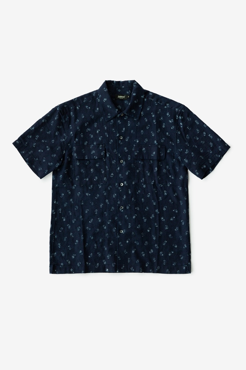Indigo Discharging Print Paisley Cuban Collar Shirt, unisex-2