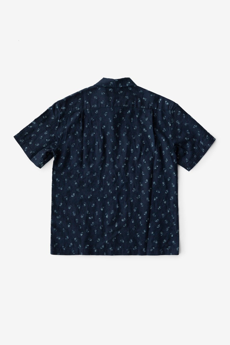 Indigo Discharging Print Paisley Cuban Collar Shirt, unisex-3
