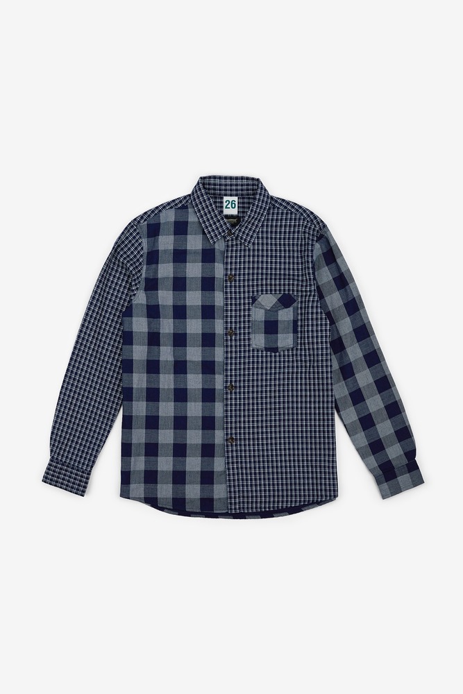 Indigo dyed patchwork plaid shirt，unisex
