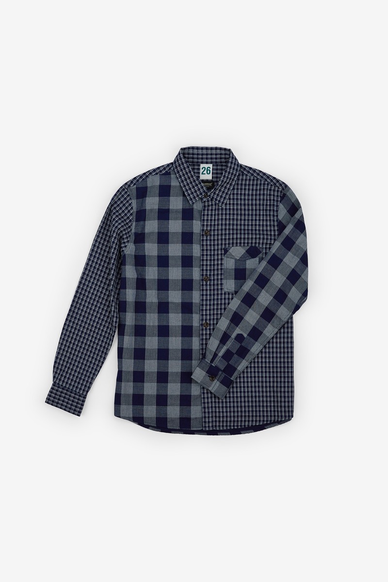 Indigo dyed patchwork plaid shirt,unisex-2