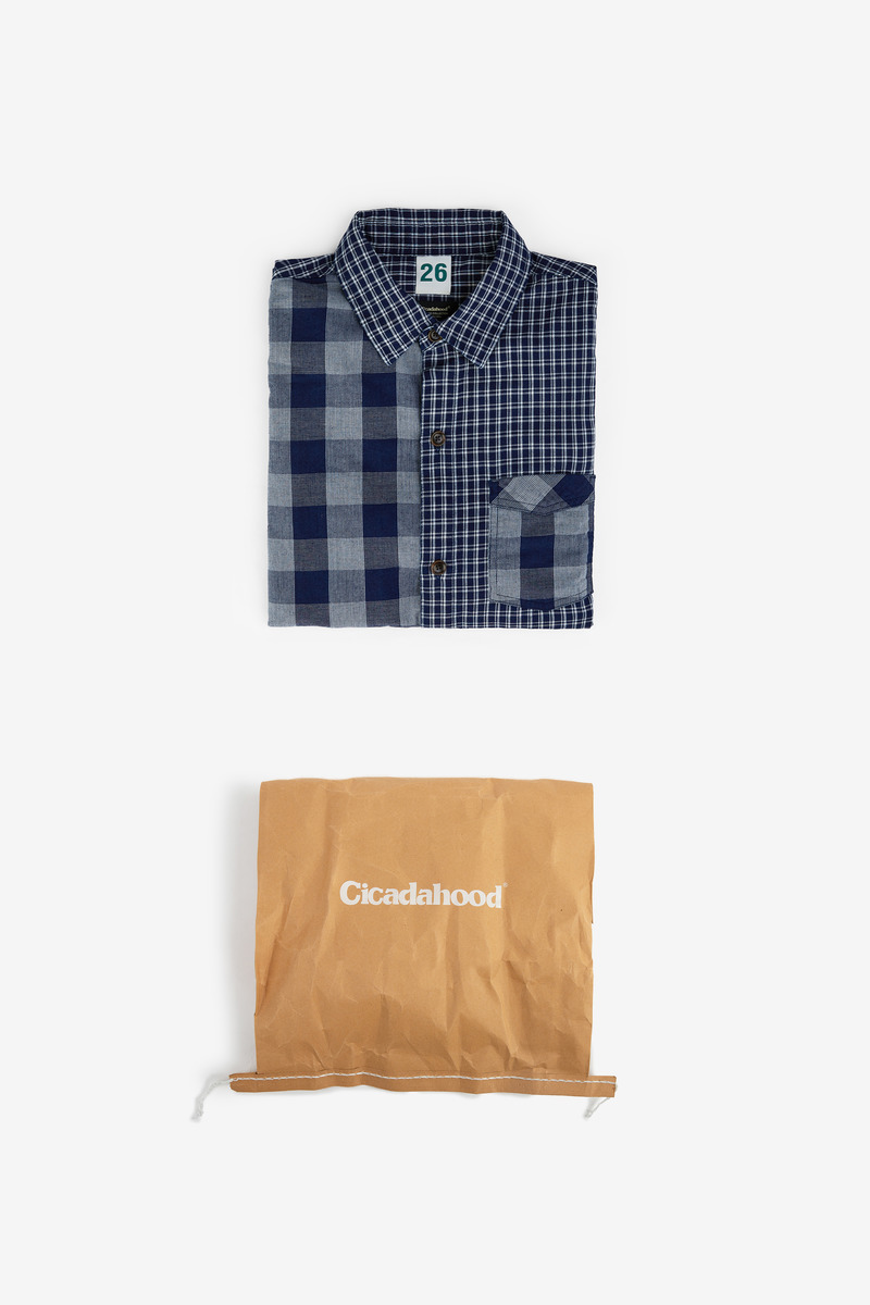 Indigo dyed patchwork plaid shirt,unisex-3