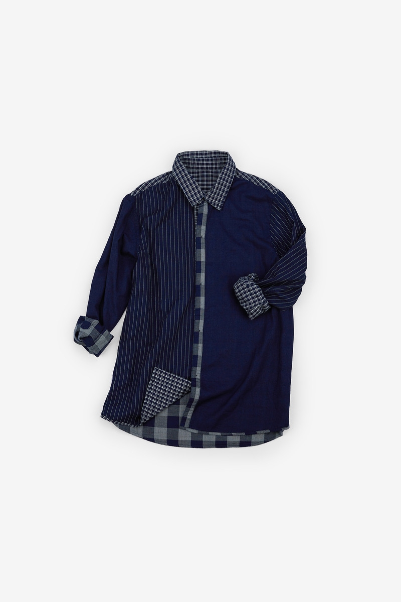 Indigo dyed patchwork plaid shirt,unisex-5