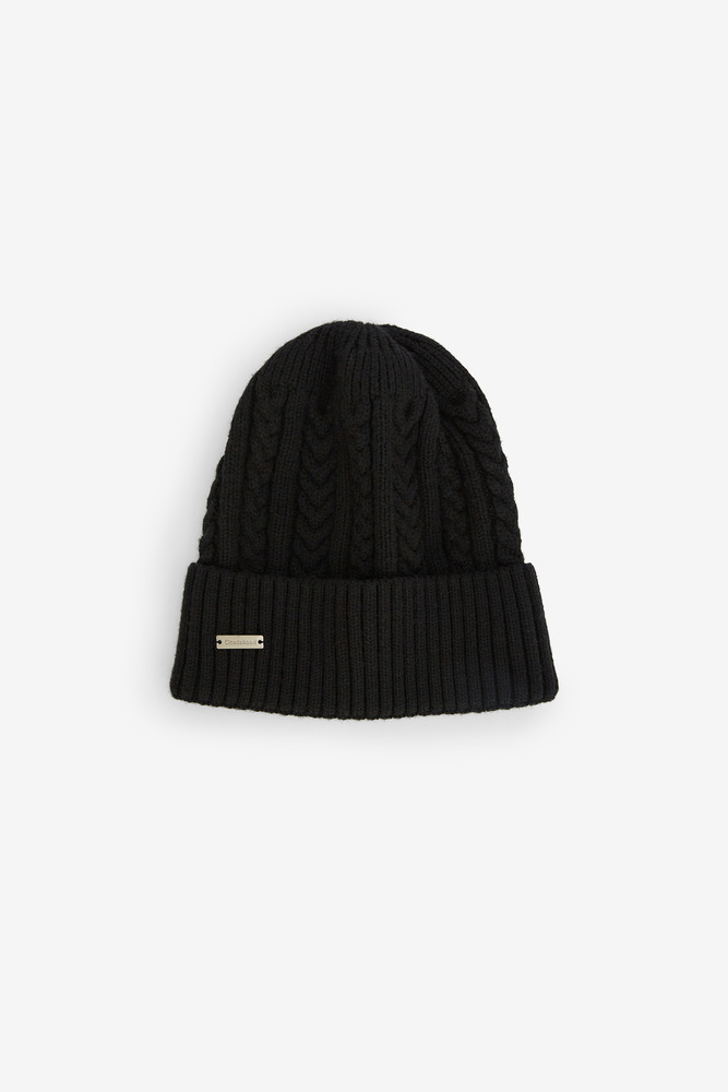 Wool Knit Aran Ribbed Beanie, Unisex(Black)