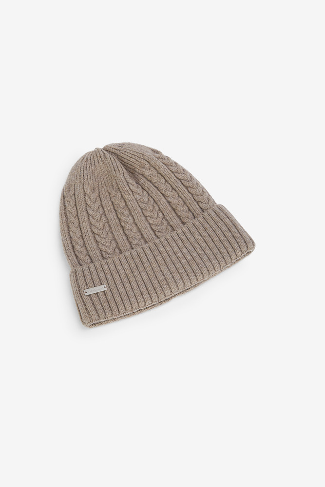 Wool Knit Aran Ribbed Beanie, Unisex(Coffee）