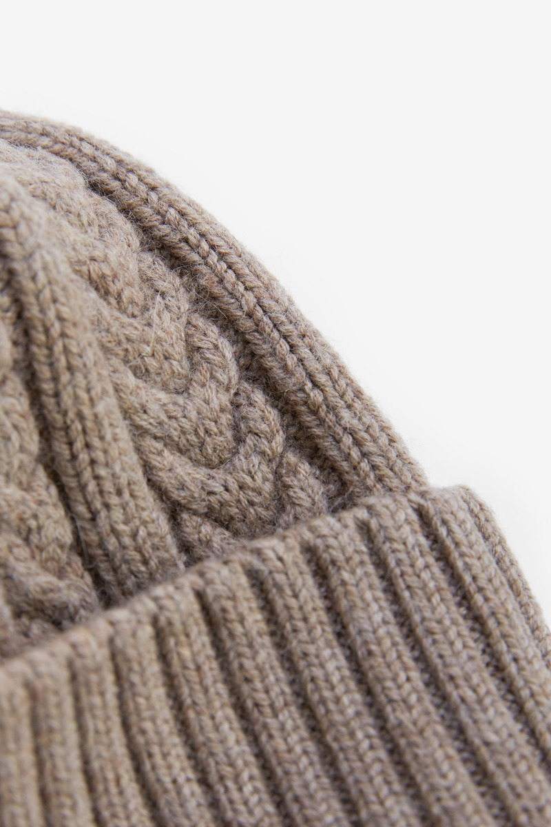Wool Knit Aran Ribbed Beanie, Unisex(Coffee)-3