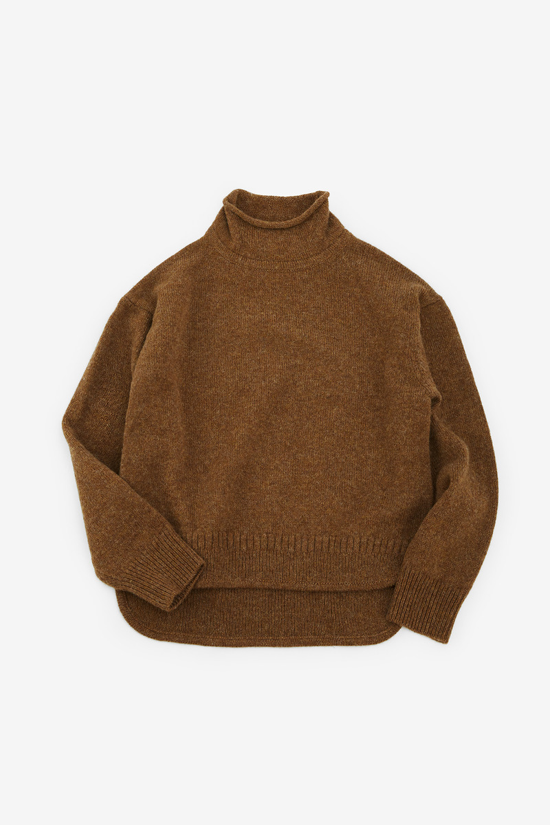 British Shetland Wool Donegal Curl Neck Gansey Sweater, Woman