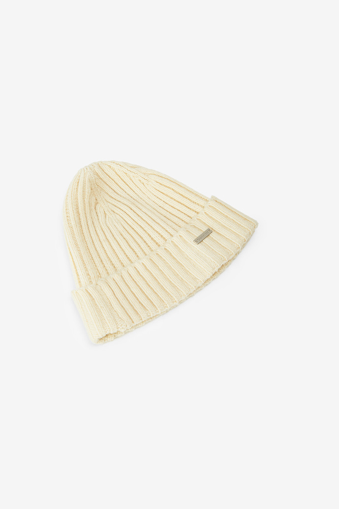 Wool Knit Ribbed Beanie, Unisex（off-white）