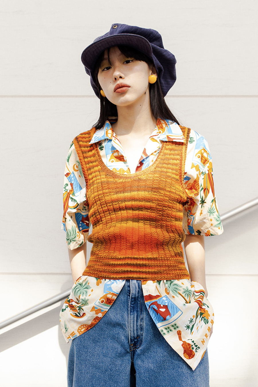 vintage 70s knitwear 70年代黄橙红棕四色渐变针织吊带上衣-5