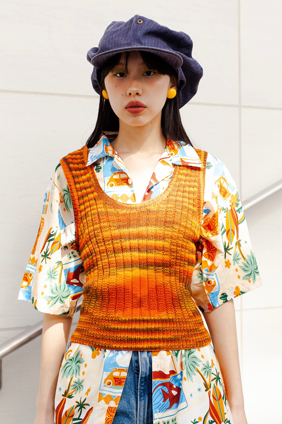 vintage 70s knitwear 70年代黄橙红棕四色渐变针织吊带上衣-2