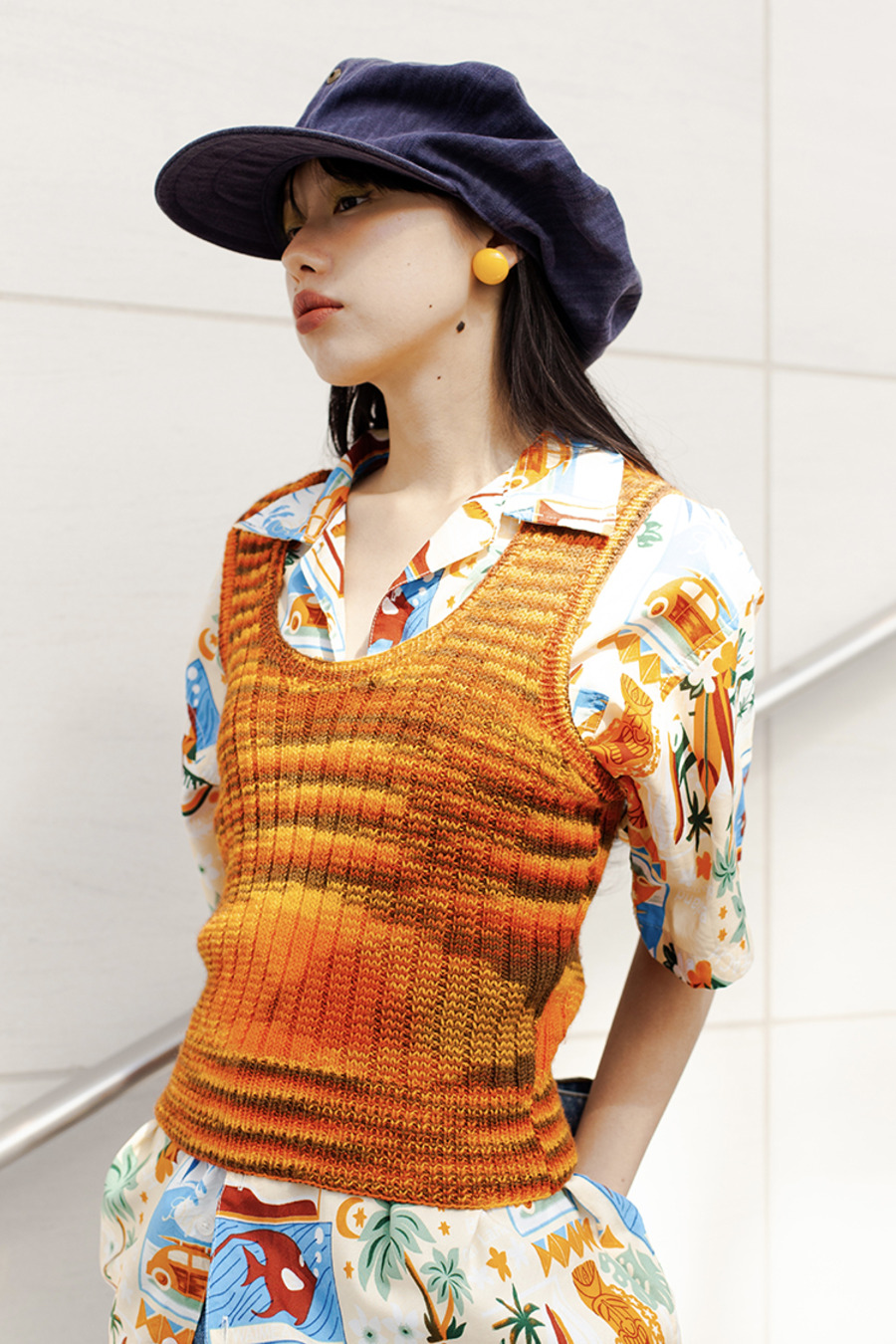 vintage 70s knitwear 70年代黄橙红棕四色渐变针织吊带上衣